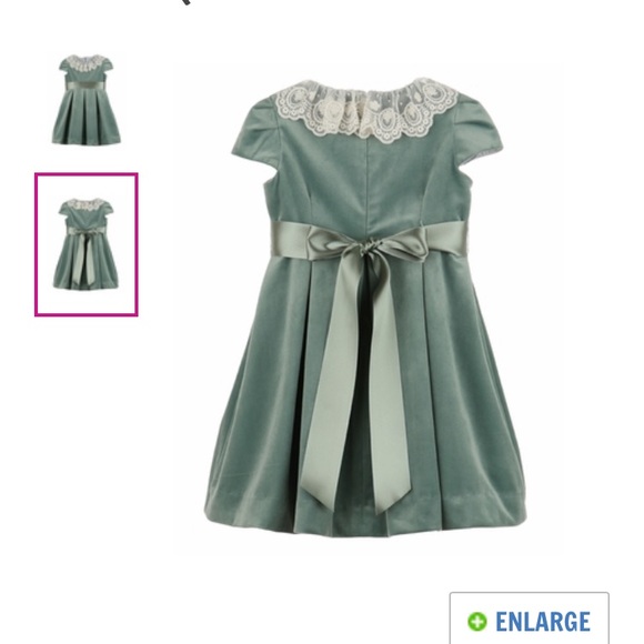 LULI & ME GIRLS DELUXE VELVET DRESS - LACE COLLAR - RIBBON SASH AQUA SAGE GREEN - Picture 2 of 4
